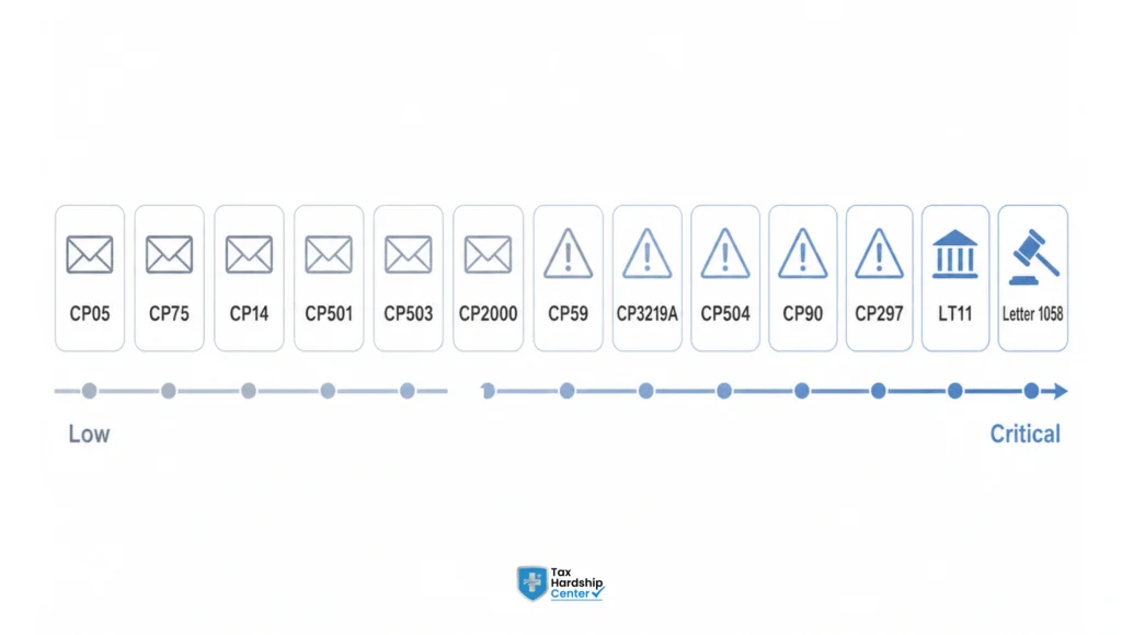 IRS notice severity scale from informational notices to critical levy warnings