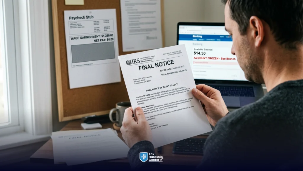 Person receiving an IRS tax levy notice with wages and bank account affected