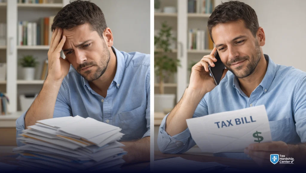 Man overwhelmed by tax paperwork compared with a calmer taxpayer taking action on a tax bill