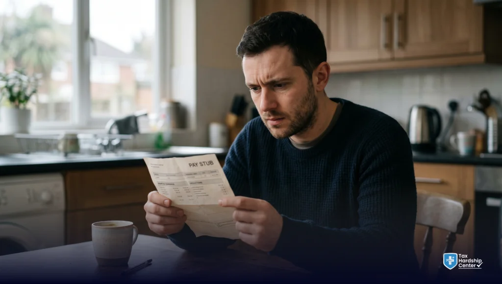 Person reviewing a pay stub and concerned about student loan wage garnishment