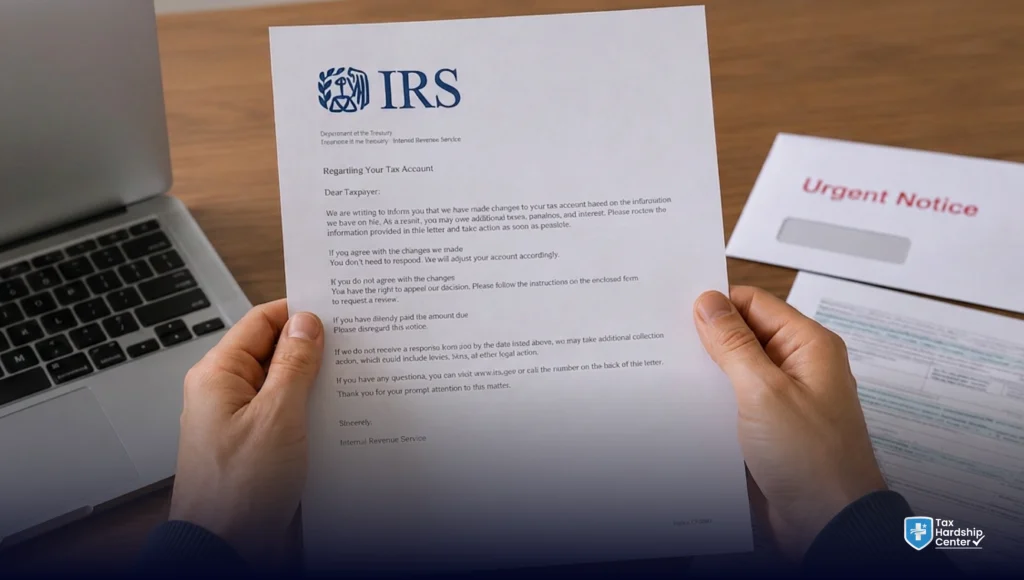 Taxpayer reviewing an urgent IRS notice letter and tax documents