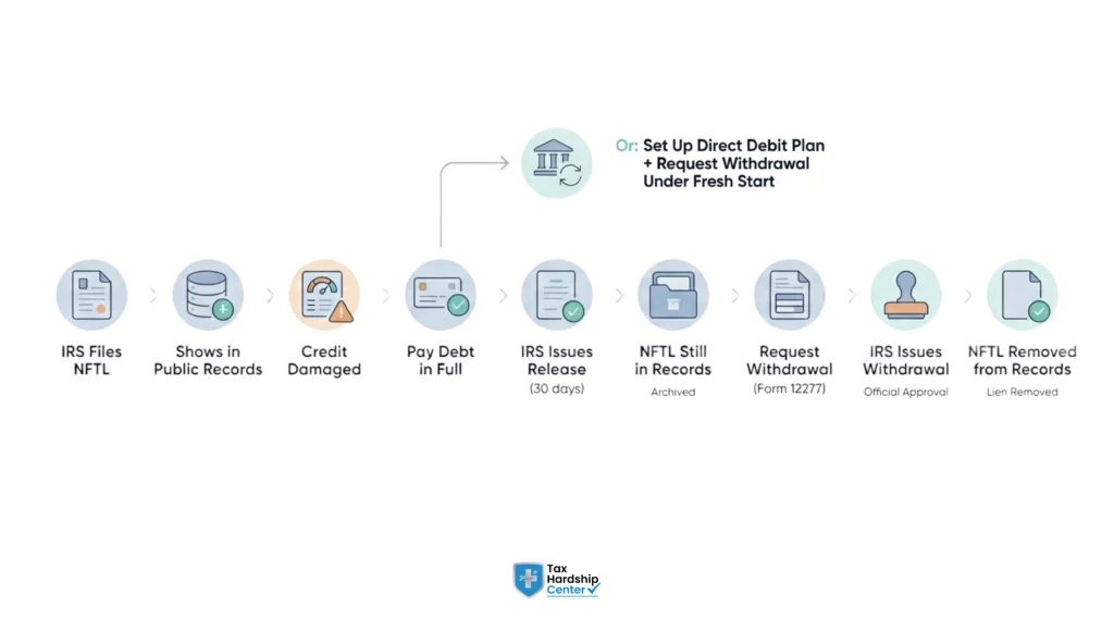 Federal tax lien removal process from filing through withdrawal showing both payment paths