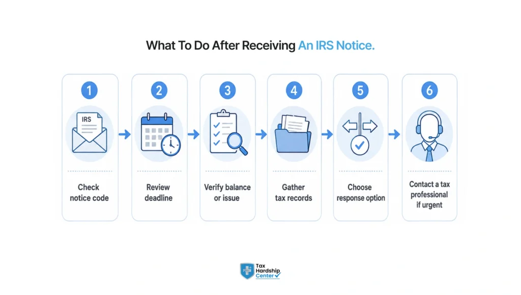 Step-by-step infographic showing what to do after receiving an IRS notice