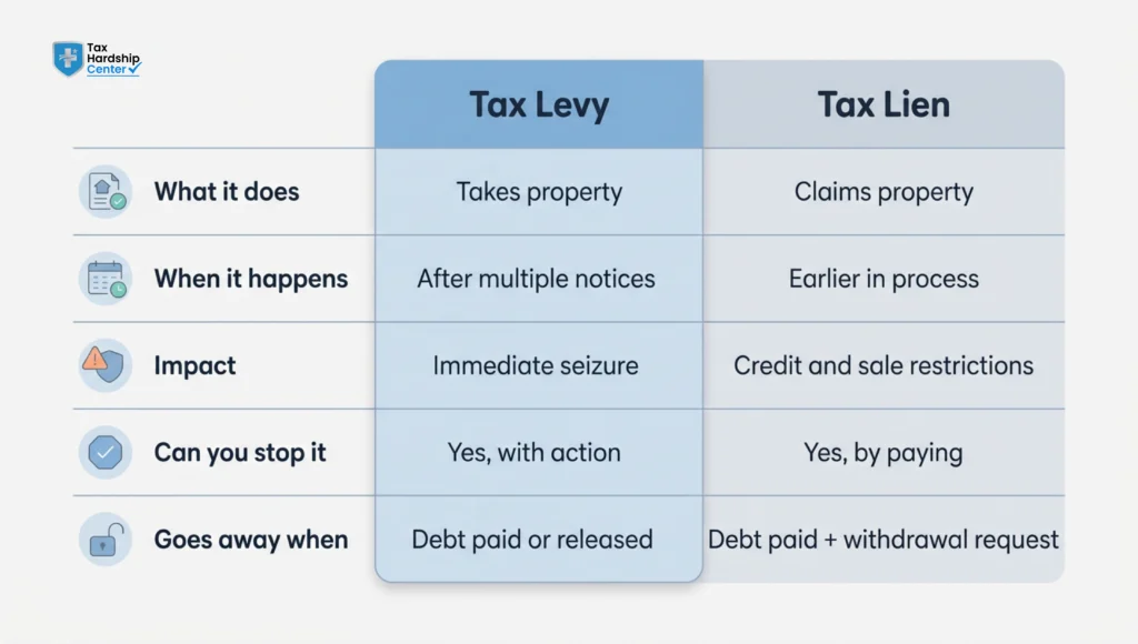 Comparison of the differences between an IRS tax levy and tax lien