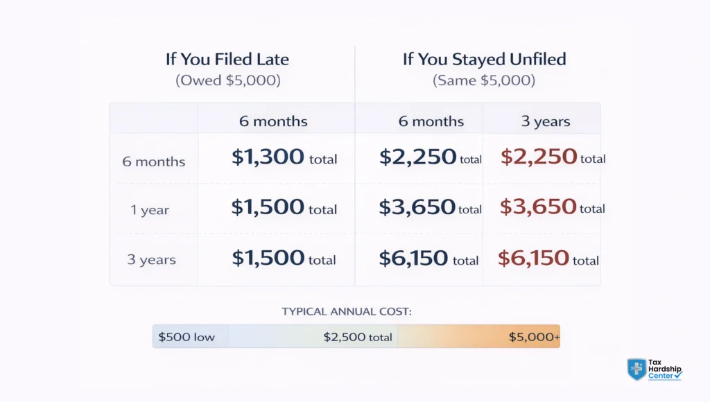 Comparison chart showing the potential cost of filing late versus staying unfiled on a $5,000 tax balance