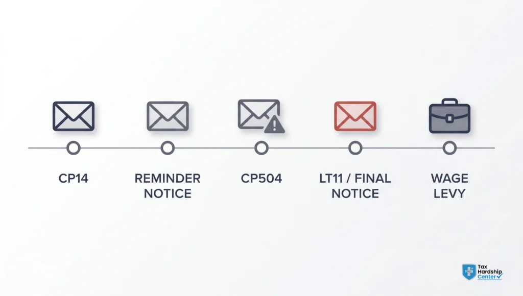 Timeline from CP14 notice and reminders to LT11 final notice and wage levy