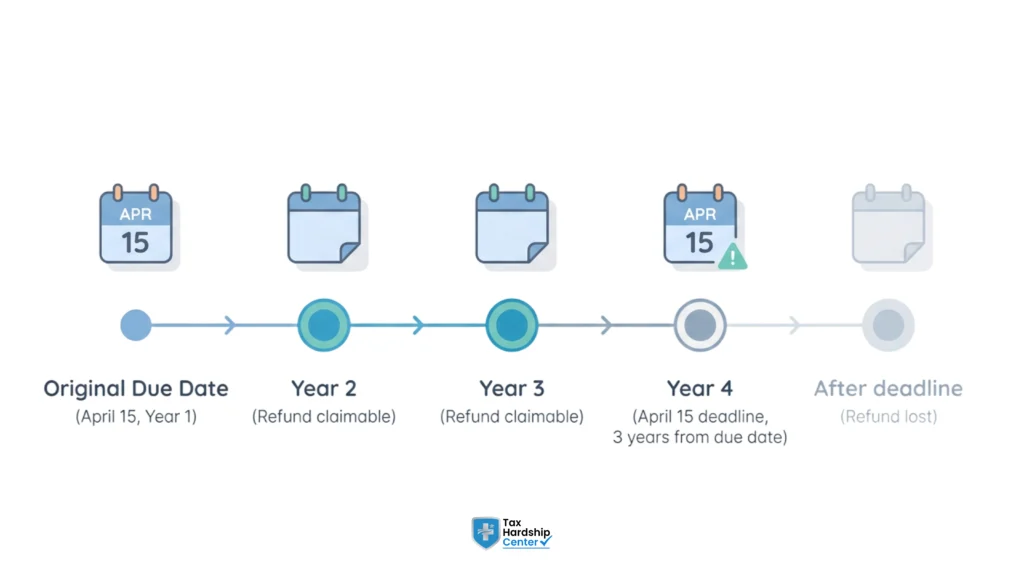 Three-year refund claim window timeline for old tax returns showing the filing deadline