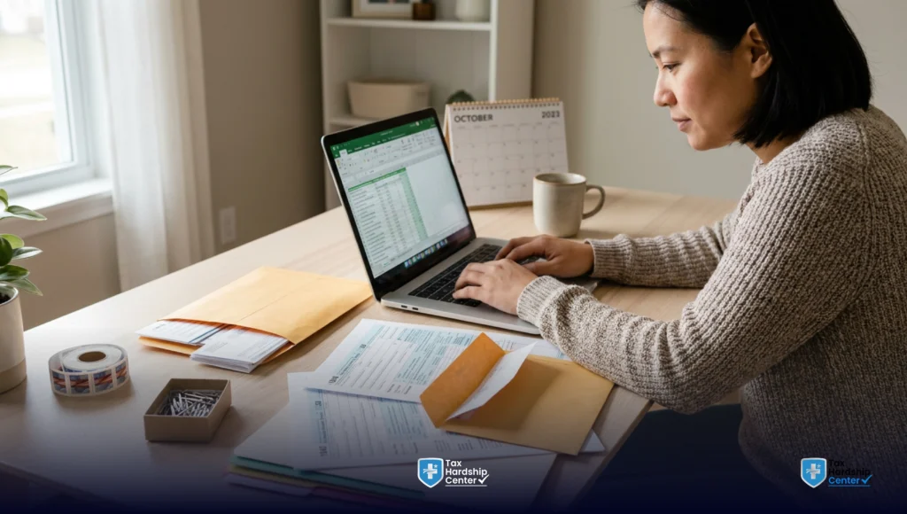 Taxpayer organizing prior-year tax forms and documents while filing old tax returns