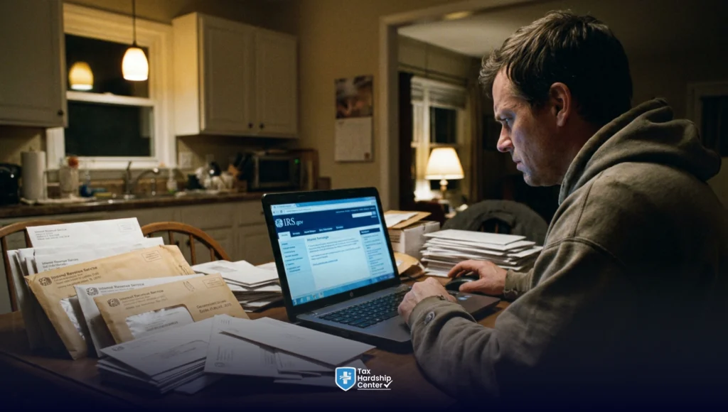Taxpayer reviewing IRS documents and preparing to file years of unfiled tax returns