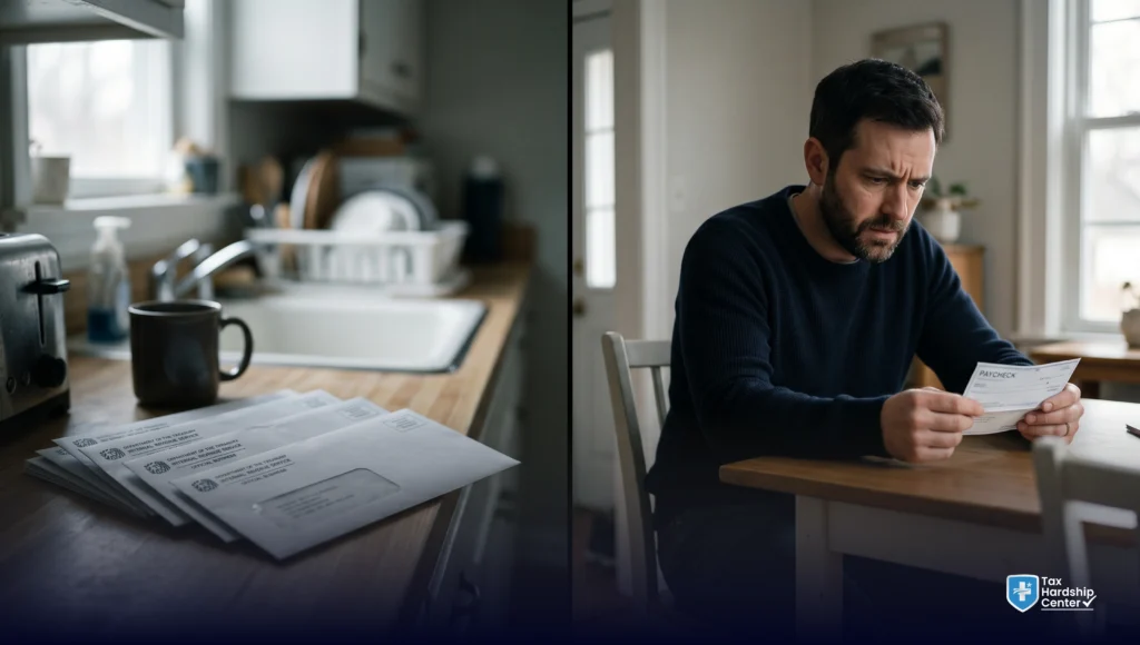 Person reviewing IRS collection letters and paycheck during tax levy proceedings