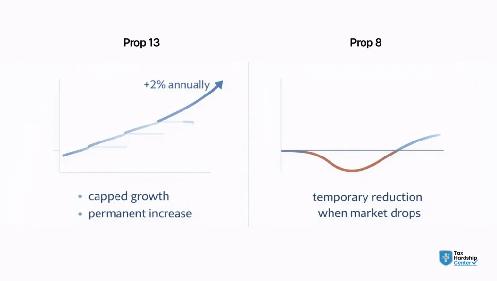 Comparison of California Proposition 13 capped property value growth and Proposition 8 temporary property tax reduction