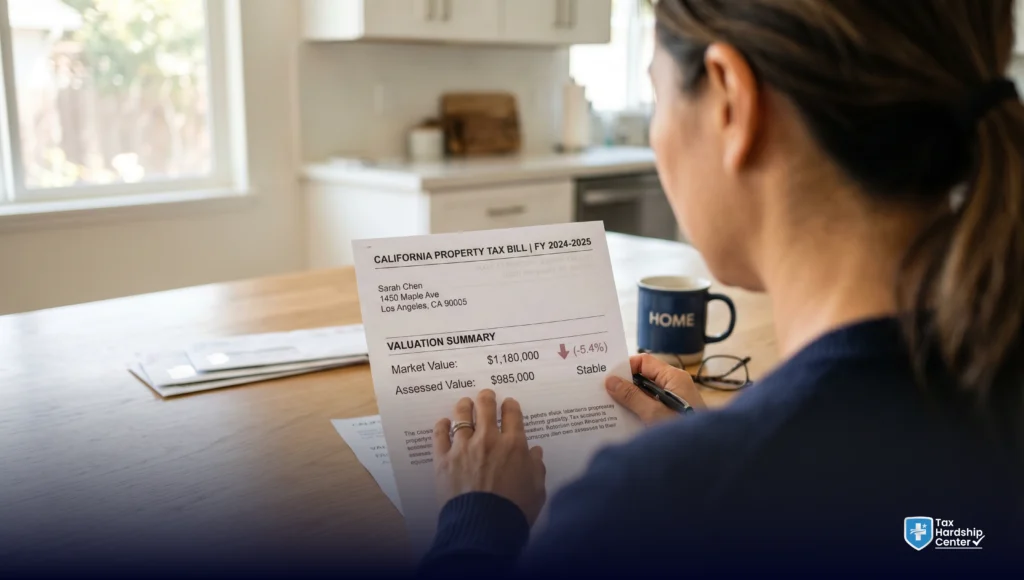 California homeowner reviewing property tax bill and assessed property value for Proposition 8 relief