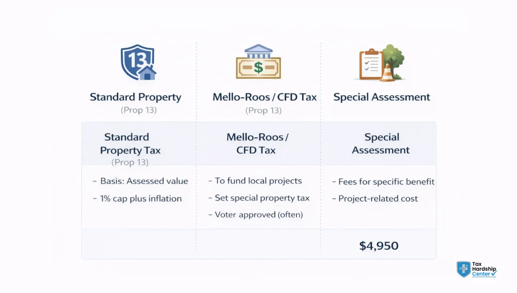 Comparison of standard California property tax, Mello-Roos CFD tax and special assessments