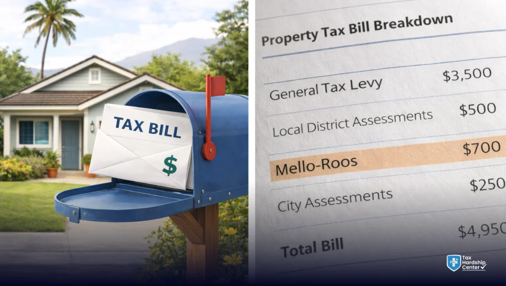 California property tax bill showing a Mello-Roos charge alongside general tax levy and local district assessments