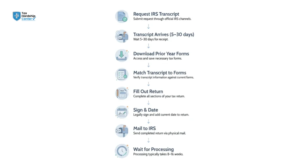 Steps to request an IRS transcript and use prior-year tax information to complete a tax return