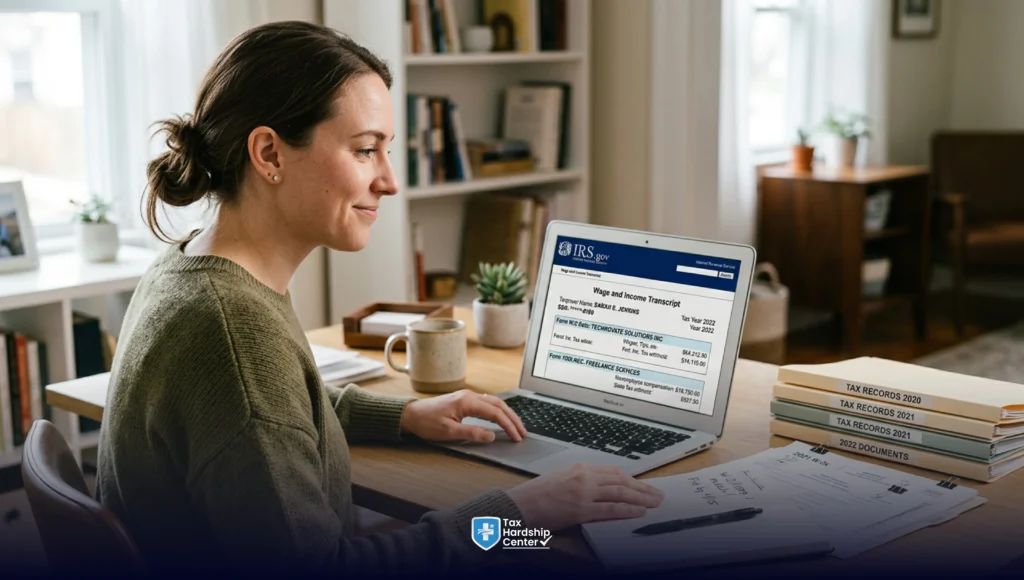 Taxpayer reviewing an IRS wage and income transcript on a laptop while preparing tax documents