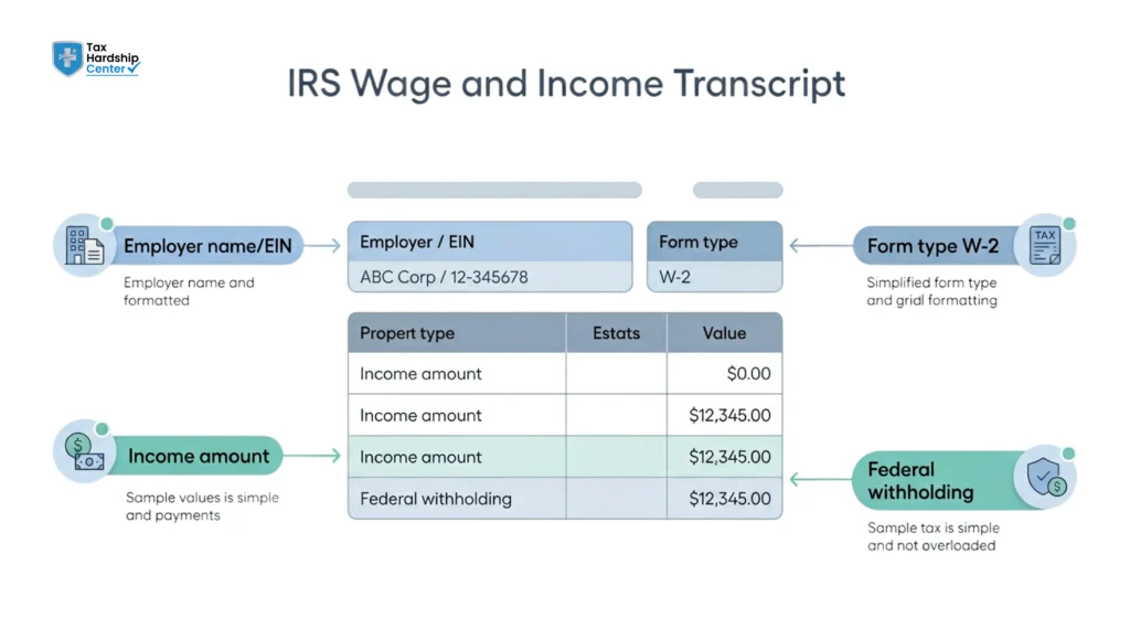 IRS wage and income transcript showing employer, W-2 income, and federal withholding information