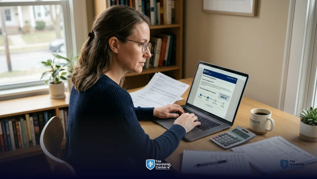 Taxpayer applying for an IRS payment plan online using the IRS website with financial documents and a calculator.