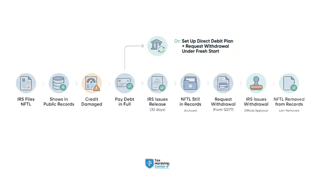 Federal tax lien removal process from filing through withdrawal showing both payment paths