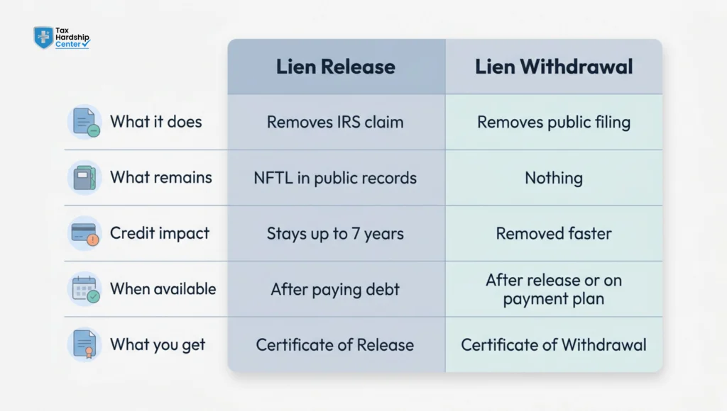 Comparison chart showing differences between federal tax lien release and withdrawal
