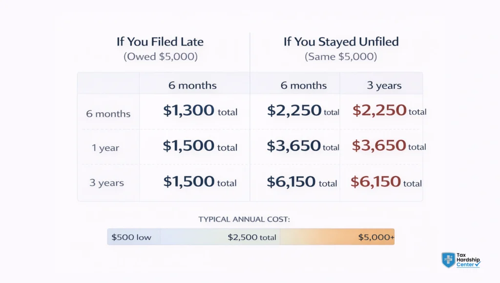Comparison chart showing IRS penalty accumulation for late filing versus staying unfiled on a $5,000 tax balance over three years