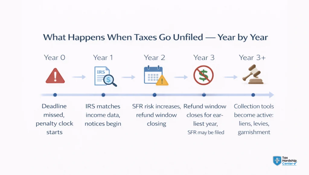 Timeline infographic showing IRS enforcement progression when federal tax returns go unfiled from year one through year three and beyond"