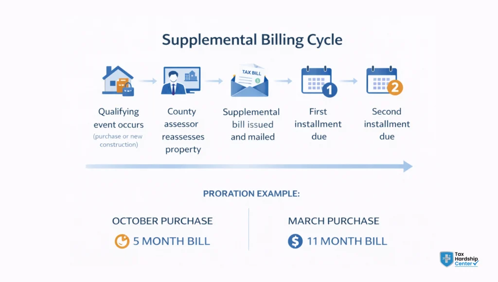 California supplemental property tax billing timeline from purchase to payment due date