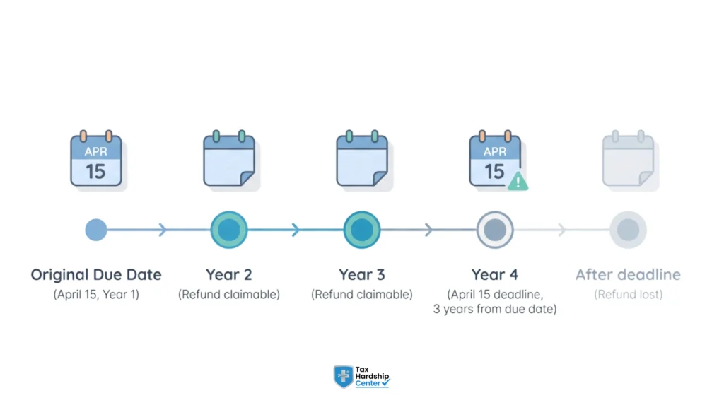 Three-year refund claim window timeline for old tax returns showing deadline