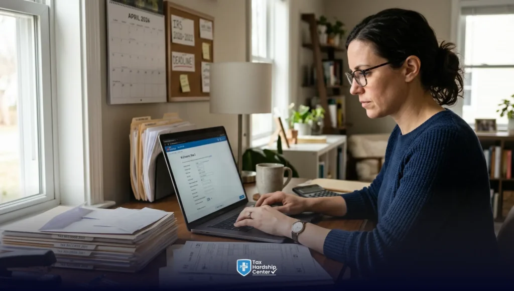Person preparing to file past year tax returns online with documents and laptop