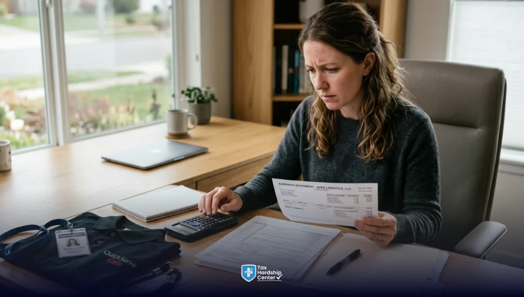 Person reviewing W-4 form and paystub while working two jobs