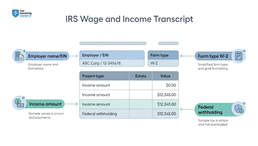 Sample IRS wage and income transcript with labeled sections showing income data