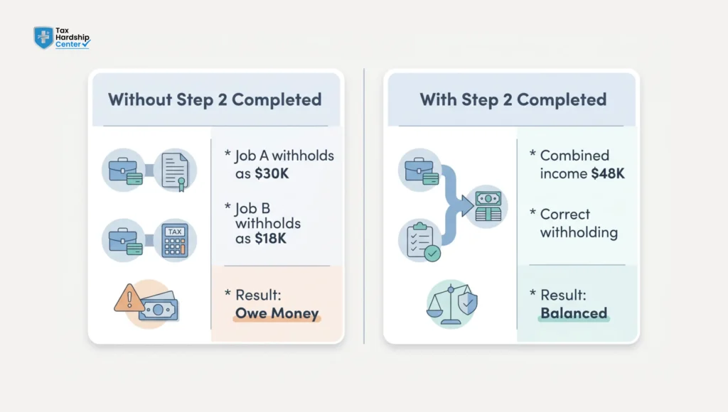 Comparison showing tax withholding with and without completing W-4 Step 2 for multiple jobs