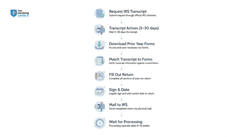 Eight-step process for filing old tax returns using IRS transcripts without W-2s