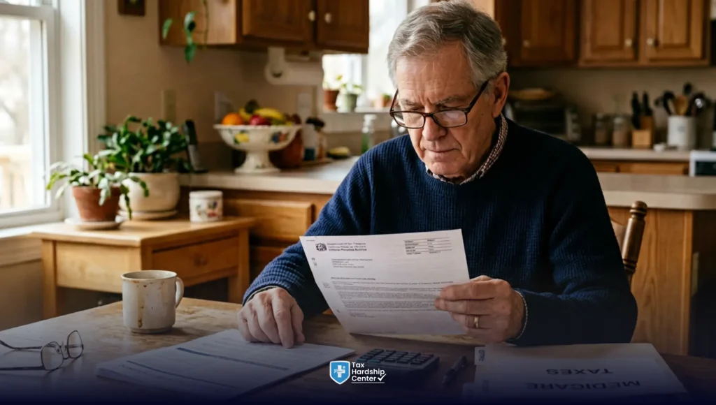 Senior reviewing IRS tax letter with Social Security documents and calculator