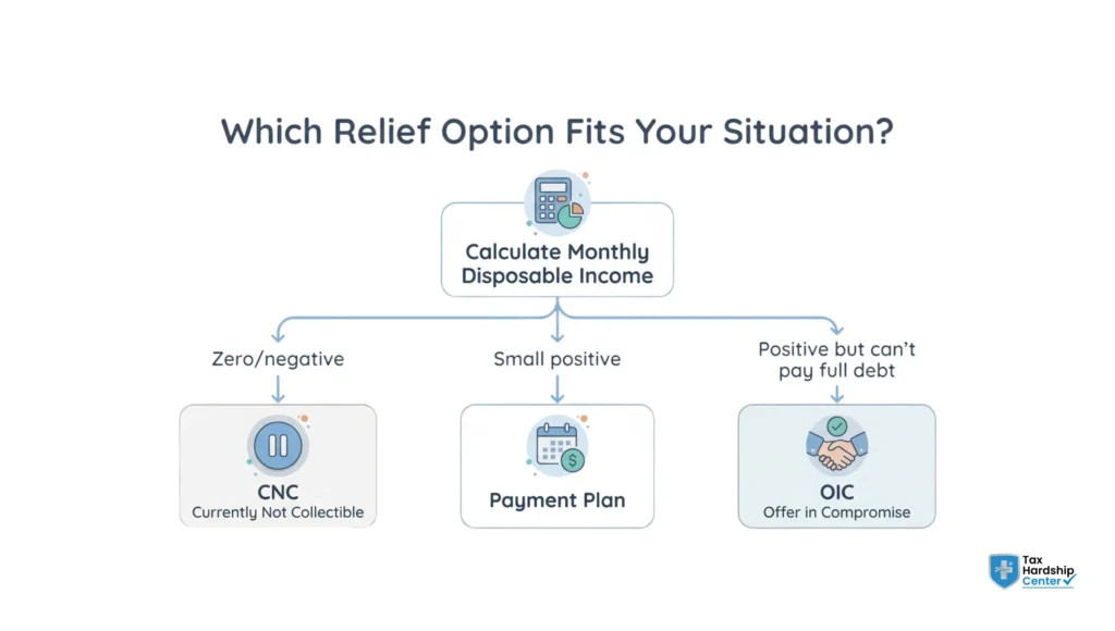 Decision tree flowchart helping seniors choose between IRS relief options based on income and expenses