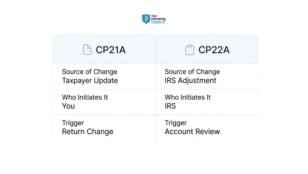 Side-by-side comparison of IRS CP21A and CP22A notices showing differences in source, initiator, and trigger