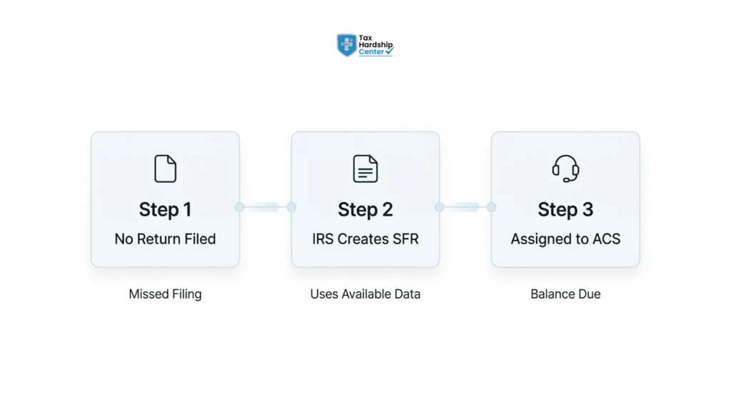 Flowchart showing missed tax filing, IRS Substitute for Return assessment, and transfer to Automated Collection System