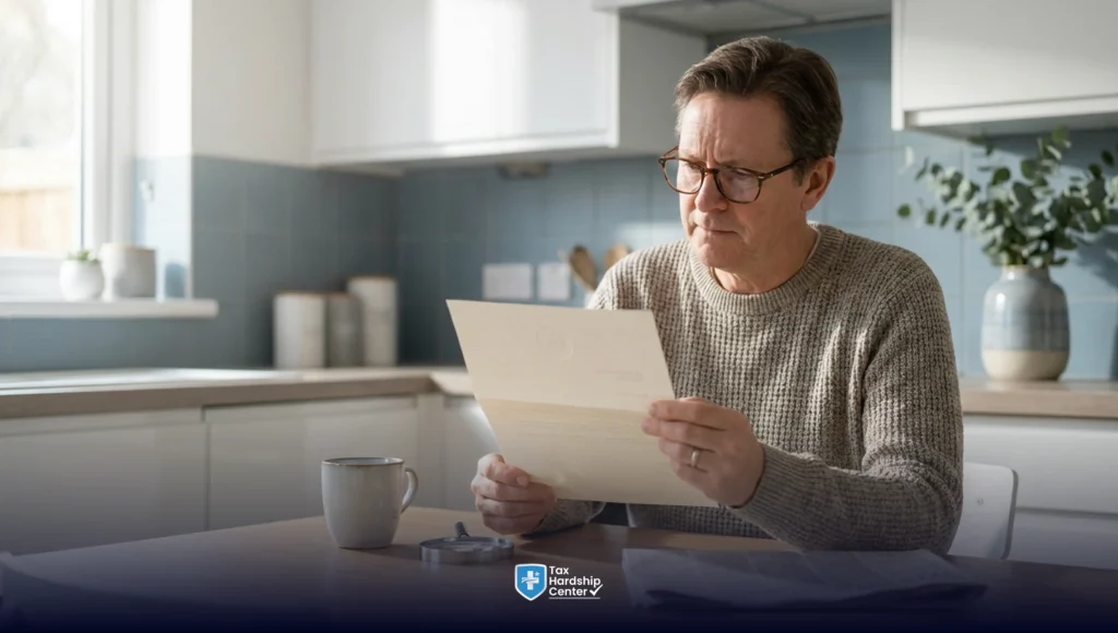 Taxpayer carefully reviewing an IRS-related collection letter before contacting Coast Professional or the IRS.