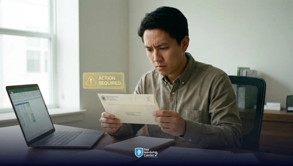 Person reviewing an IRS tax notice at a desk with an action required alert, illustrating the urgency of responding to a CP504 or CP504B notice.