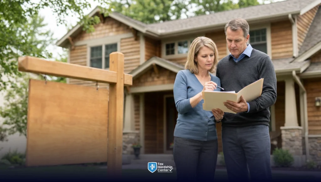 Couple reviewing home purchase documents while preparing to buy a house despite IRS tax debt.