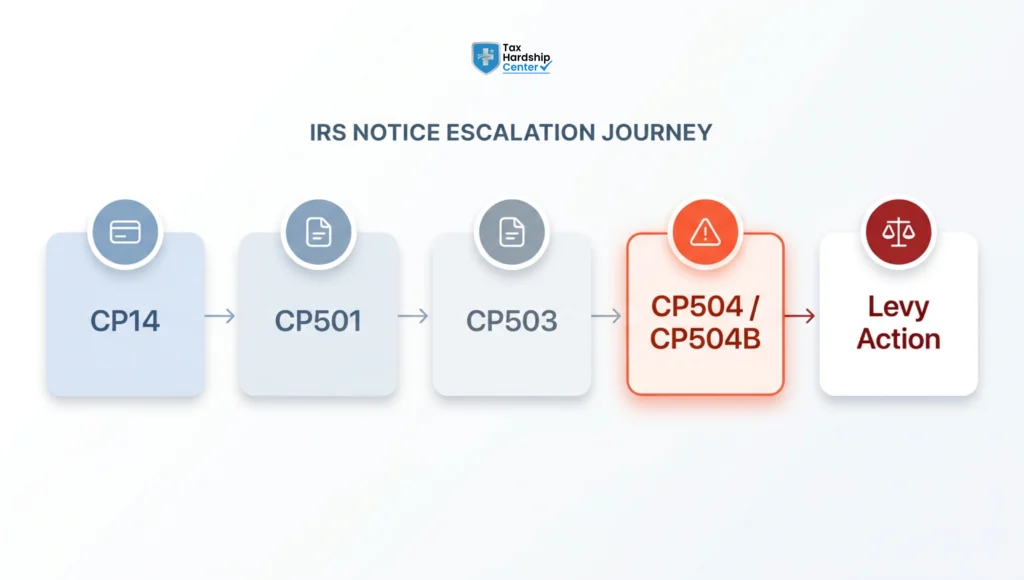 IRS notice escalation timeline from CP14 to CP501, CP503, CP504, and levy action