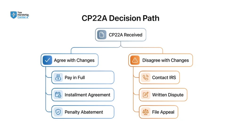 Flowchart outlining the CP22A decision process, including options to agree with IRS changes and pay, set up an installment agreement, seek penalty relief, or dispute the adjustments through contact, written response, or appeal.
