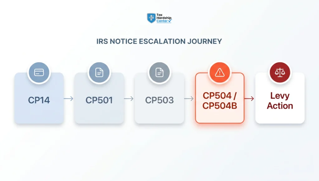 Flowchart showing the IRS notice escalation process from CP14 to CP501, CP503, CP504/CP504B, and eventual levy action if tax debt remains unpaid.