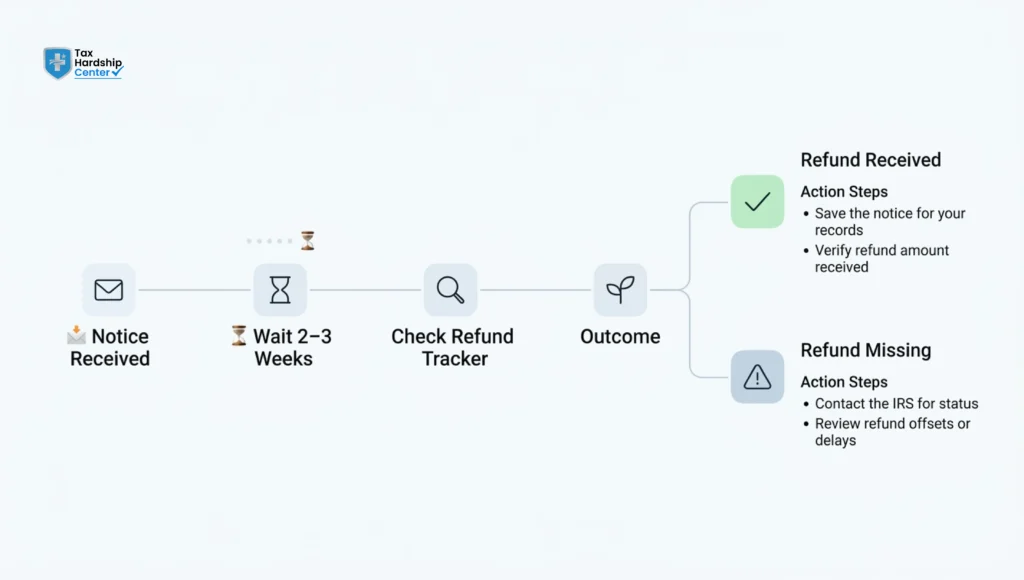 Flowchart showing the process after receiving an IRS CP21B notice, including waiting two to three weeks, checking the refund tracker, and outcomes for received or missing refunds.
