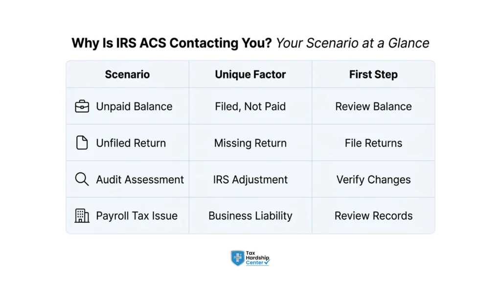 Comparison table showing unpaid balances, unfiled returns, audit assessments, and payroll tax issues that trigger IRS ACS action