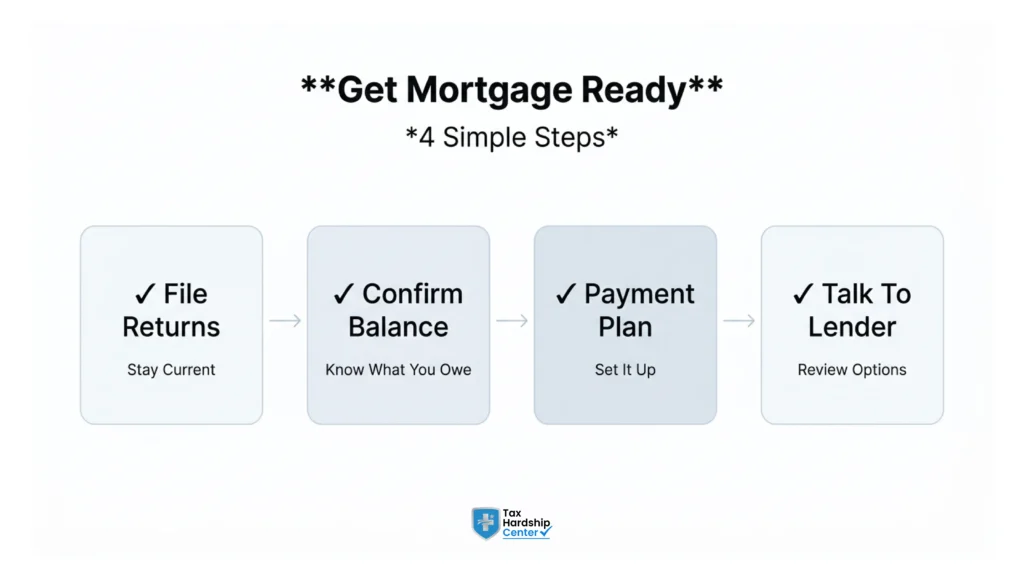 Four-step checklist showing how to prepare for a mortgage application while owing the IRS, including filing returns, confirming balance, setting up a payment plan, and talking to a lender.