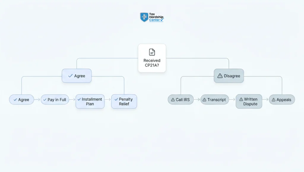 CP21A response flowchart showing options to agree, pay, request penalty relief, dispute, or appeal
