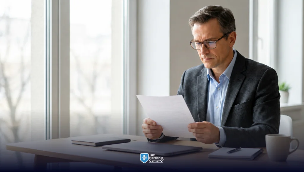 Taxpayer reviewing an IRS CP21A notice and checking changes to their tax balance