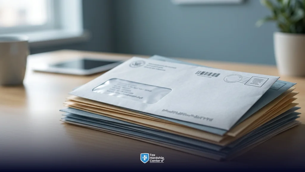 Stack of IRS ACS Support notices and collection letters representing IRS Automated Collection System correspondence