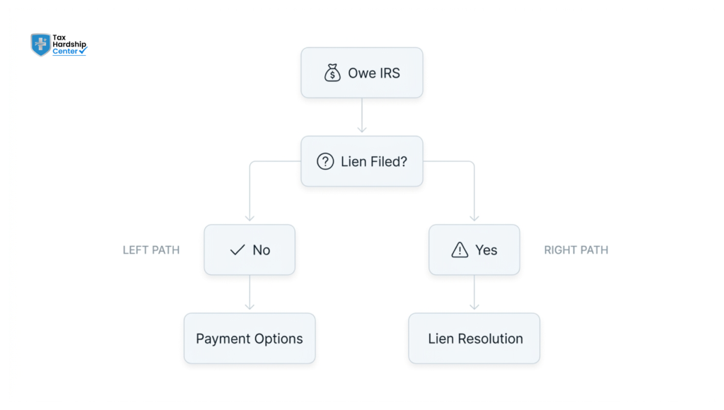 Decision tree showing how IRS tax liens impact mortgage eligibility and approval.
